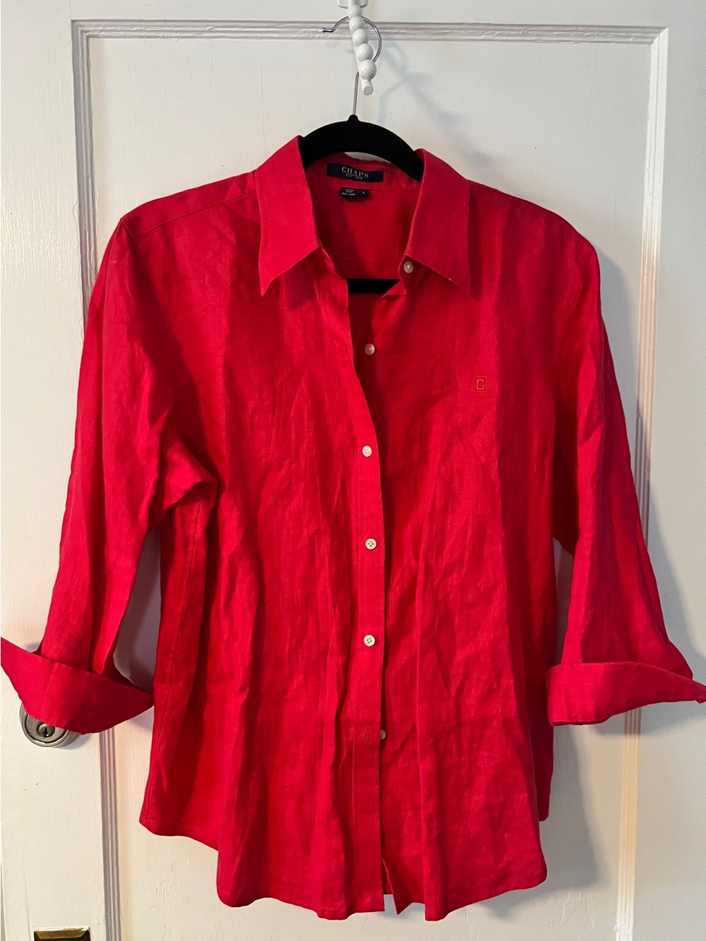 NWOT CHAPS Tomato Red 100% Linen Classic Button Down Shirt Coastal Grandpa L